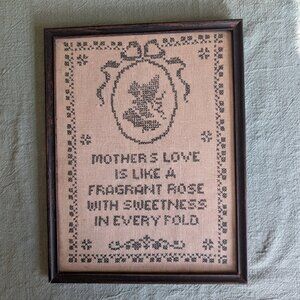 Vintage 1930 Cross Stitch Art on Linen Original Dark Wood Frame